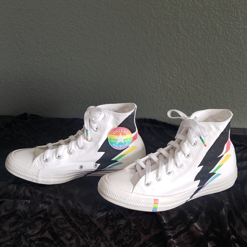 CONVERSE Love Wins Pride Anniversary Rainbow Glitter Lightning Bolt Hightops 8 - Picture 8 of 9